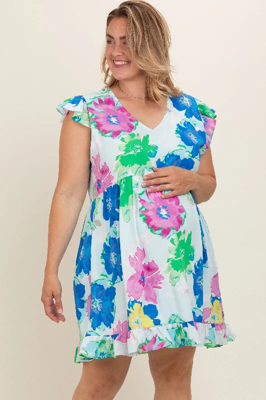 Light Blue Floral Ruffle Accent Maternity Plus Dress