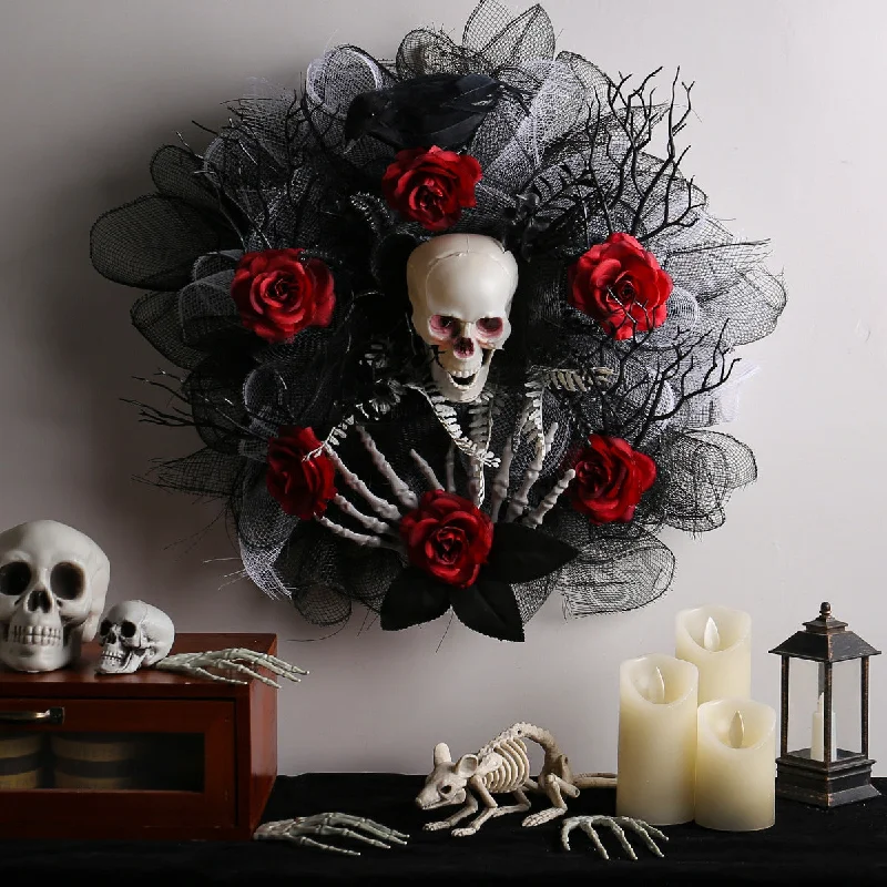 Halloween Red Rose Skull Mesh