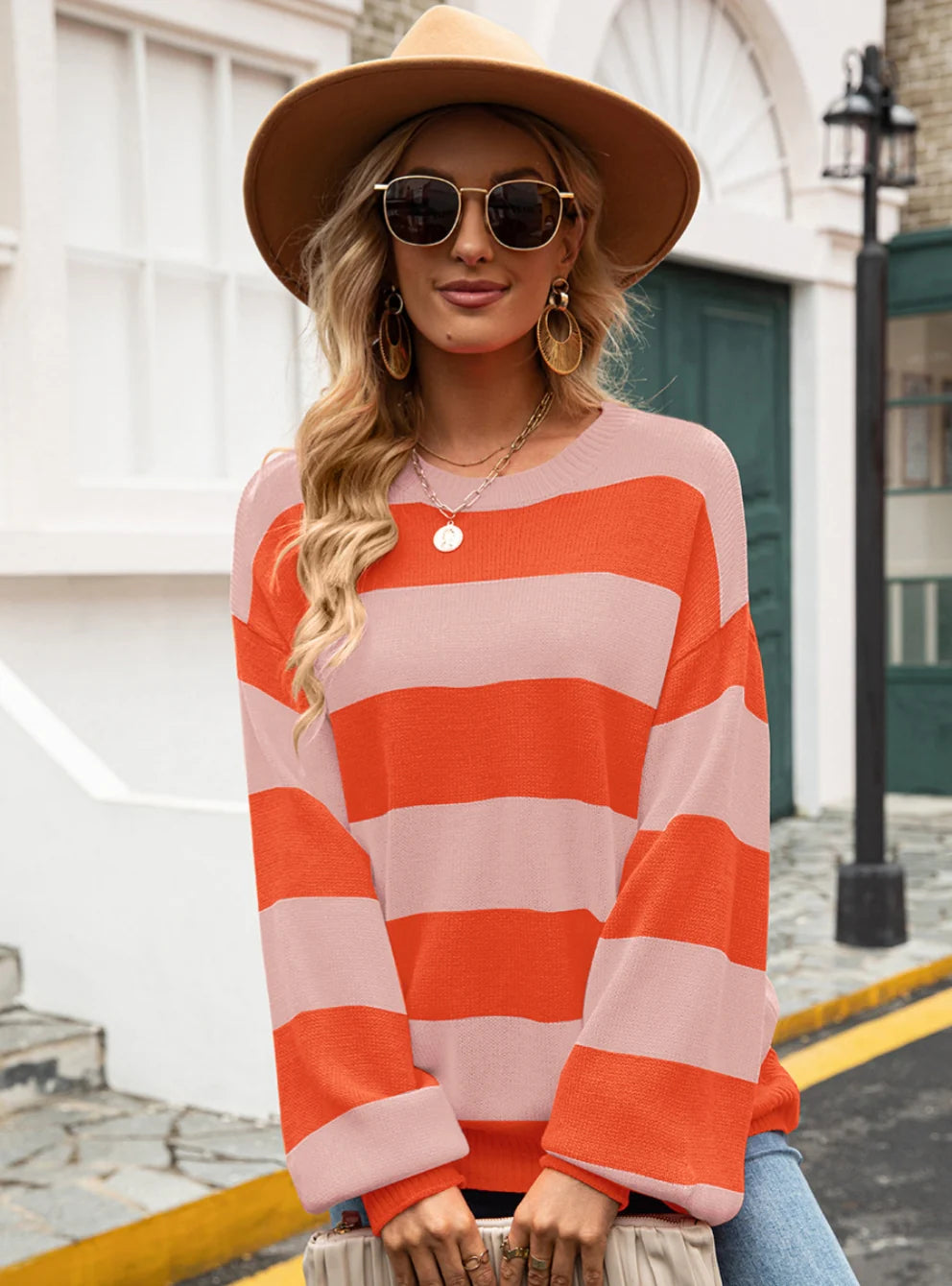 Stitching Striped Round Neck Loose Sweater