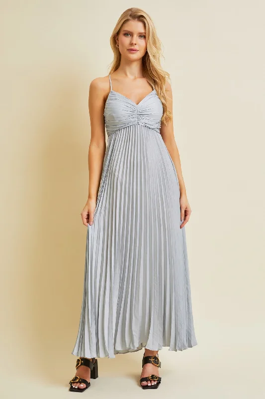 Silver Pleated Back Cutout Tie Maxi Dress