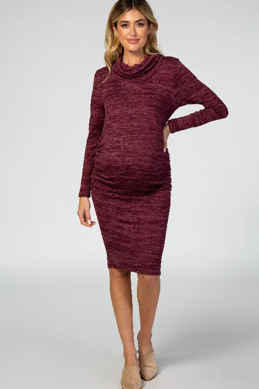 Burgundy Knit Long Sleeve Cowl Neck Maternity Dress