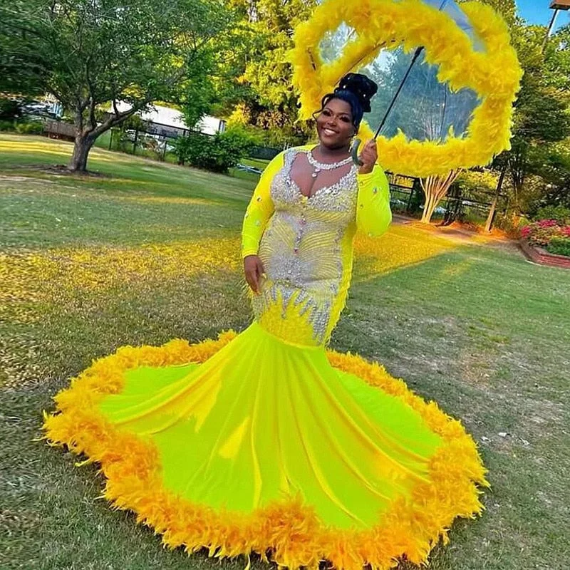 Yellow Sheer Neck Long Sleeves Feathers Bottom Beads Crystals Prom Dress