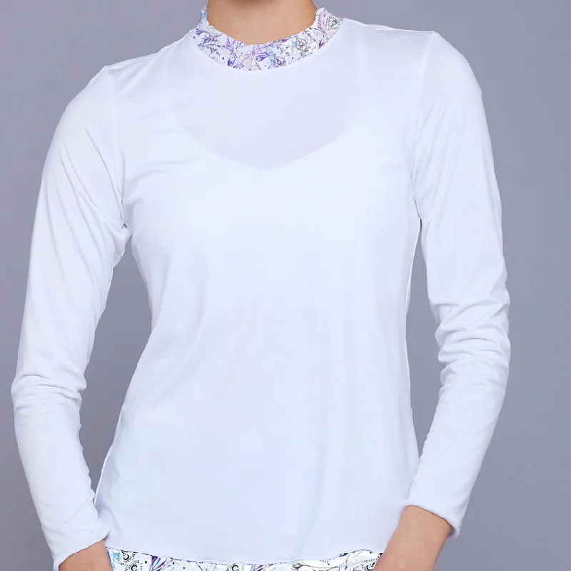 Willow Print Mesh Collar Long-sleeve Top