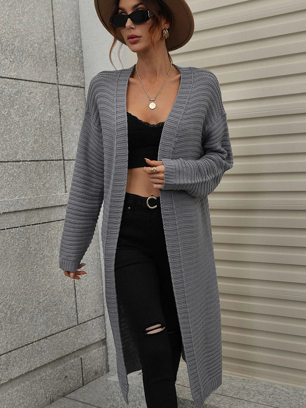 FASHION LONG CARDIGAN SOLID COLOR KNITTED SWEATER