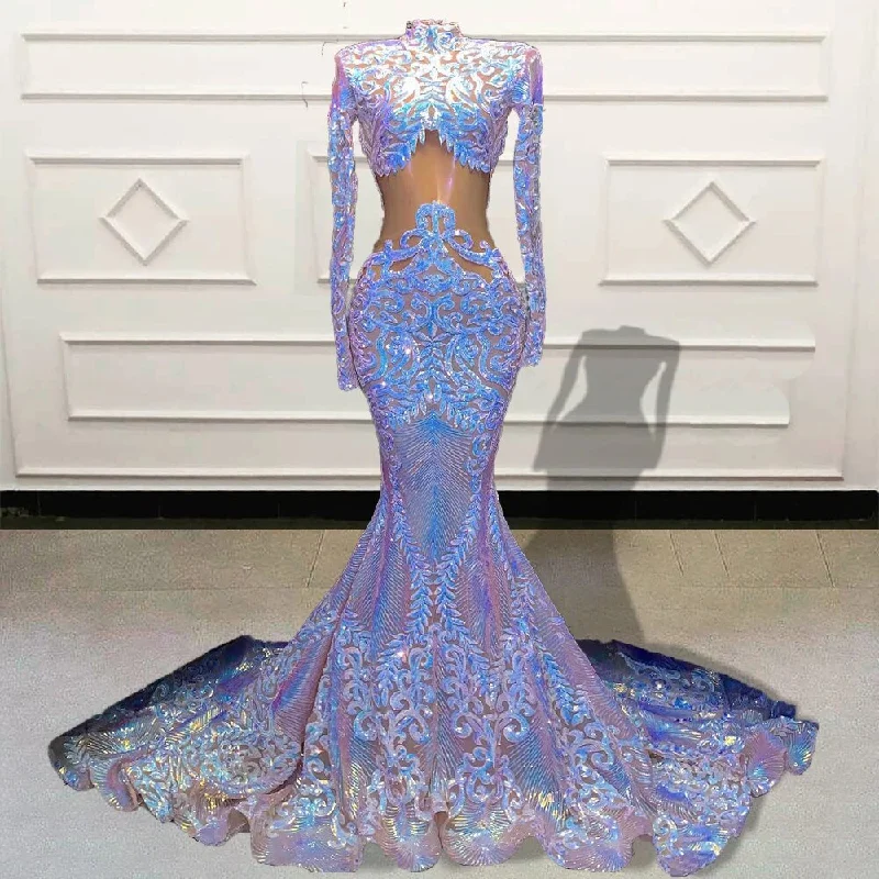 High Neck Long Sleeve Sparkly Colorful Sequined Mermaid Prom Gala Gowns