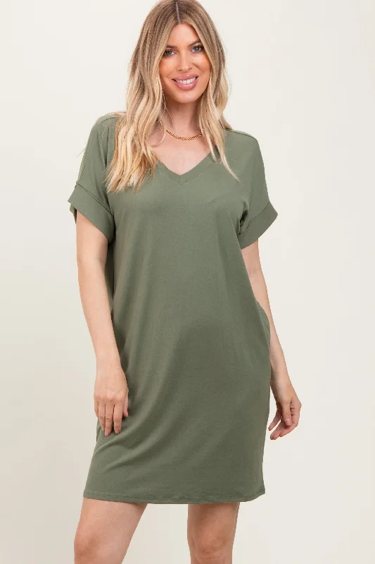 Light Olive Brushed Rolled Short Sleeve V-Neck Dress