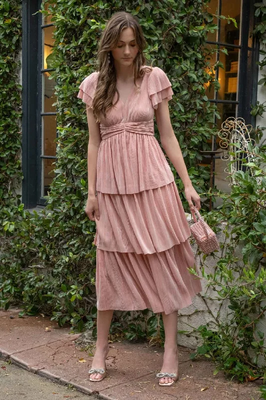 Pink Pleated Tiered Midi Dress