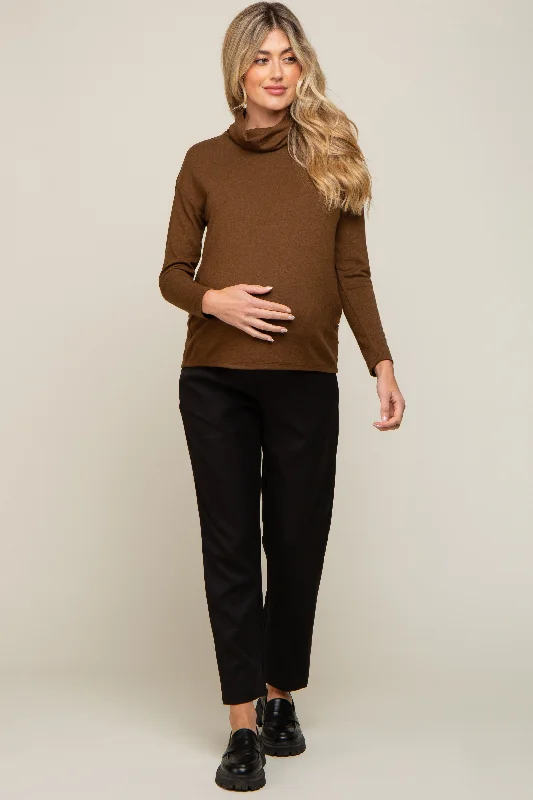 Brown Turtleneck Long Sleeve Maternity Top