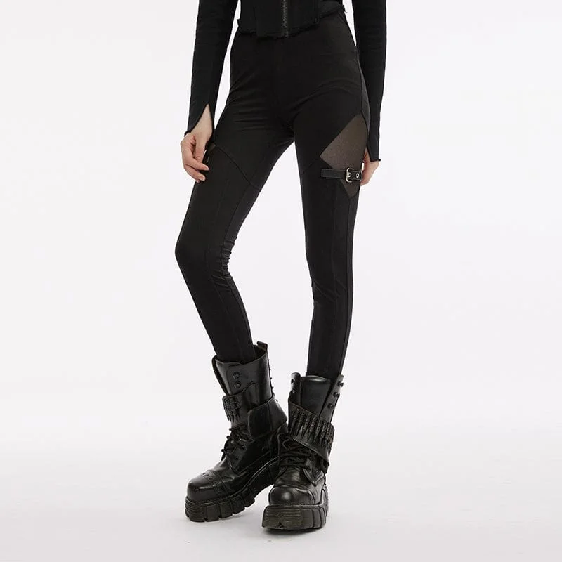 Women's Punk Mesh Splice Buckle Leggings