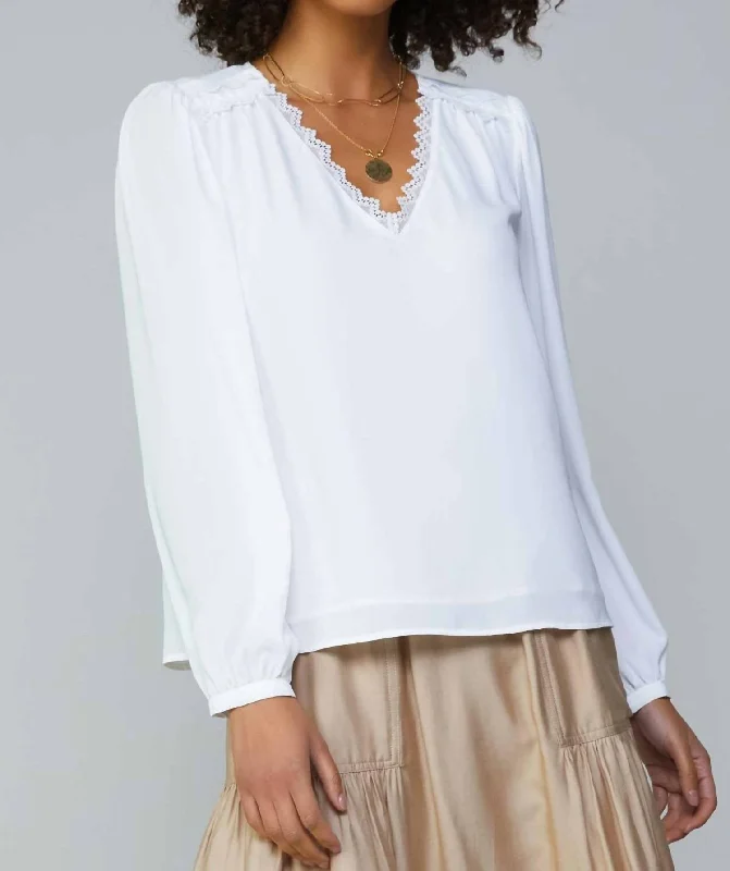 Long Sleeve V Neck Blouse With Lace Trim In White