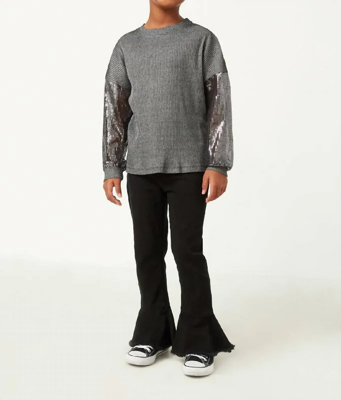 Sequin Sleeve Metallic Rib Long Sleeve Top In Black