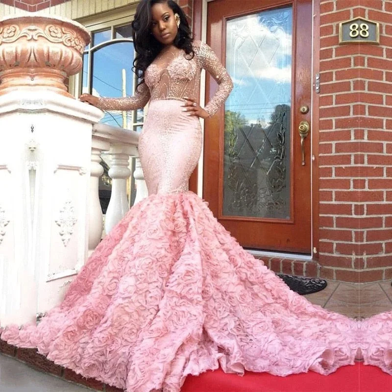 Luxurious Pink Long Sleeves Mermaid Prom Dress Beaded Sequin Sexy Backless