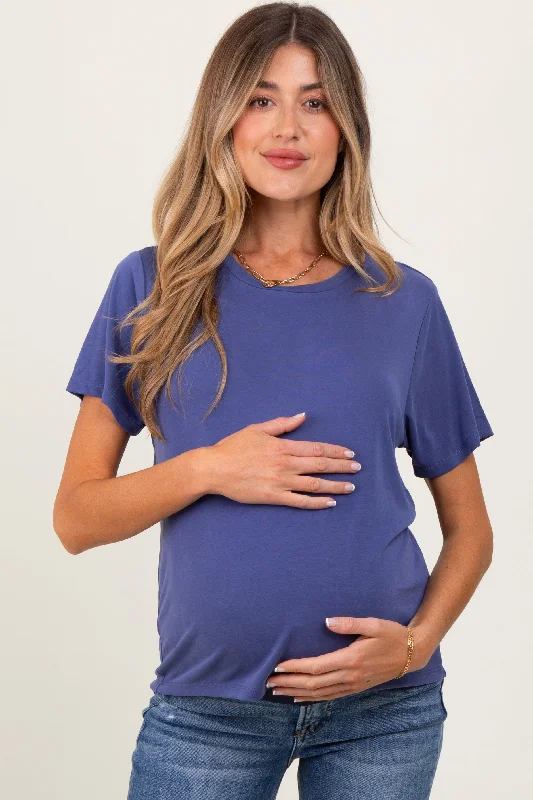 Navy Basic Round Neck Short Sleeve Maternity T-Shirt