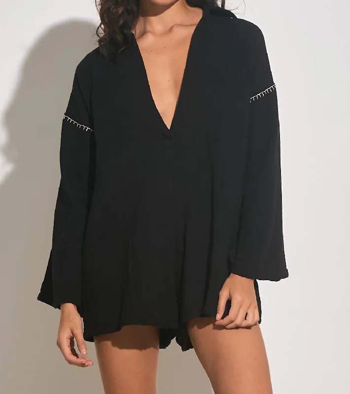 Long Sleeve Vneck Romper In Black