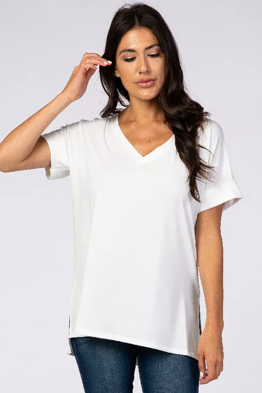 White V-Neck Cuffed Short Sleeve Top