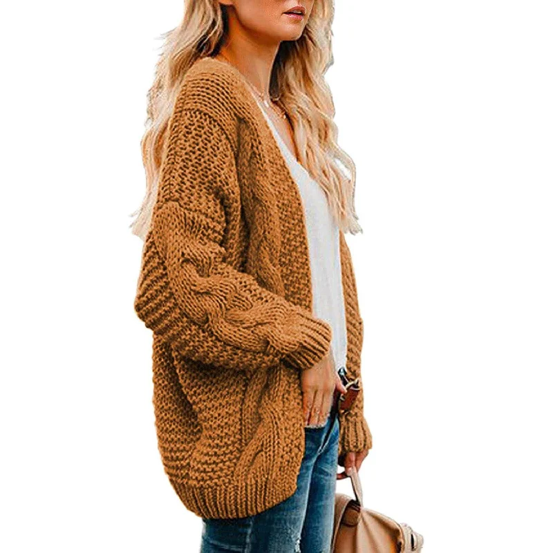 Womens Open Front Long Sleeve Chunky Knit Cardigan Sweaters Loose Outwear Coat