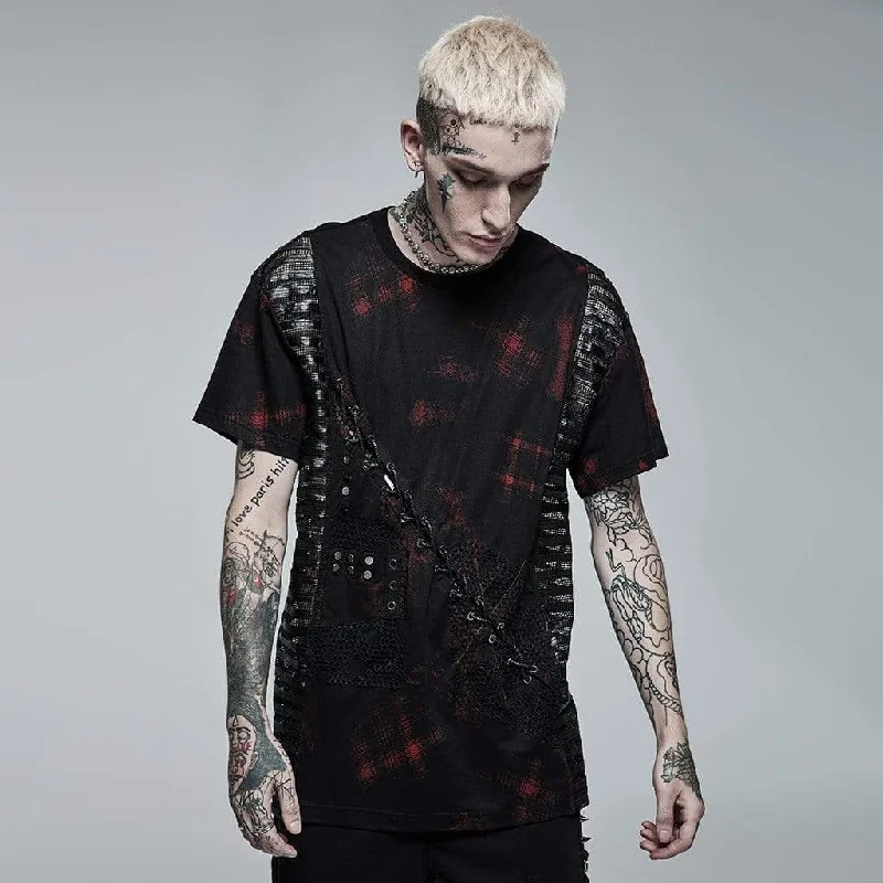 Men's Punk Mesh Splice Plaid T-shirt