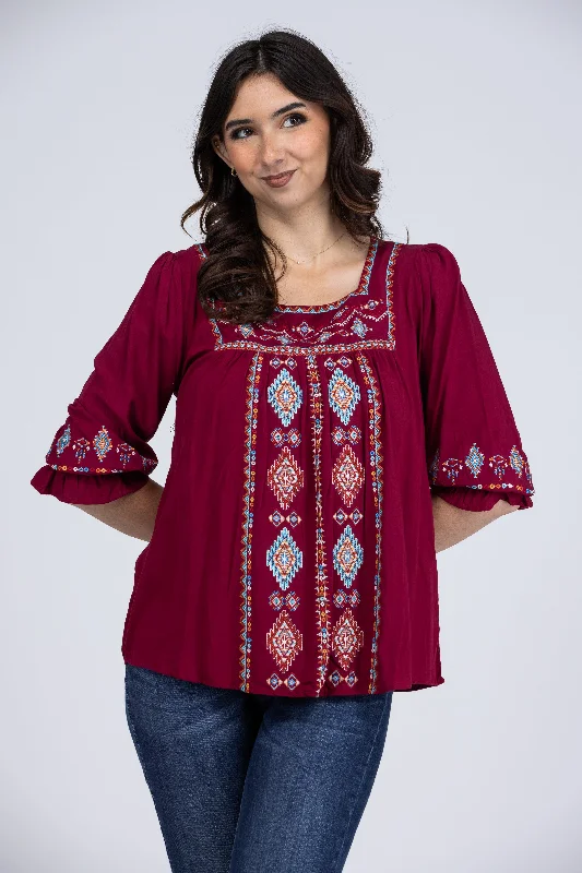 Bree's Women's Embroidered Woven Square Neck Short Sleeve Top