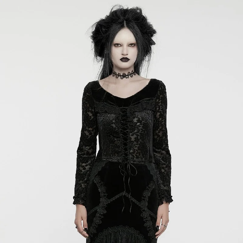 Women's Gothic Lace-up Flocking Mesh Splice Velvet Shirt