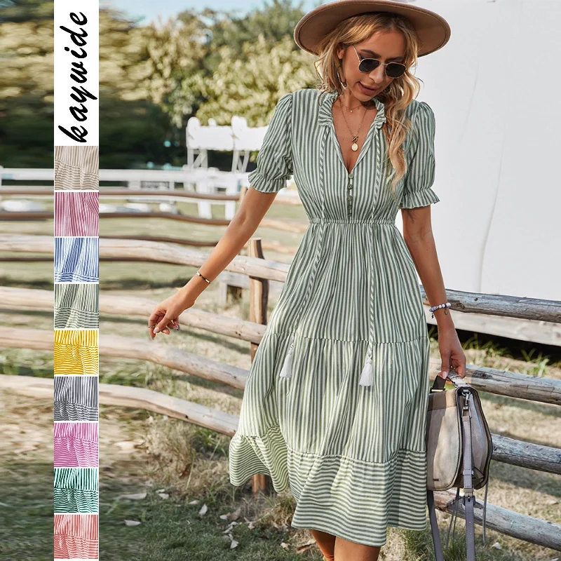 Summer Short Sleeve V-neck Loose Fit Striped Maxi Dress