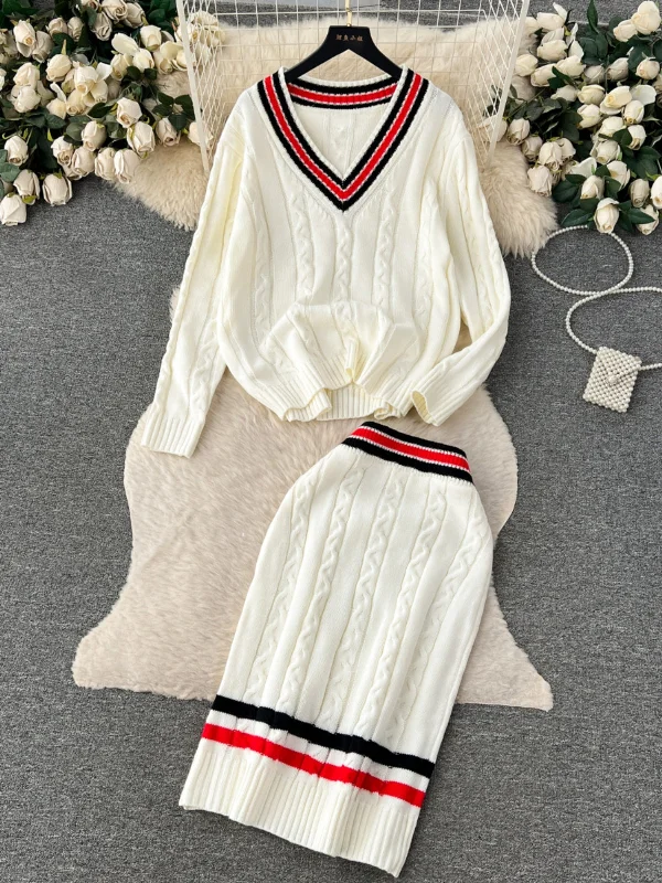 Bold Stripes Cable-Knit Sweater Skirt Set