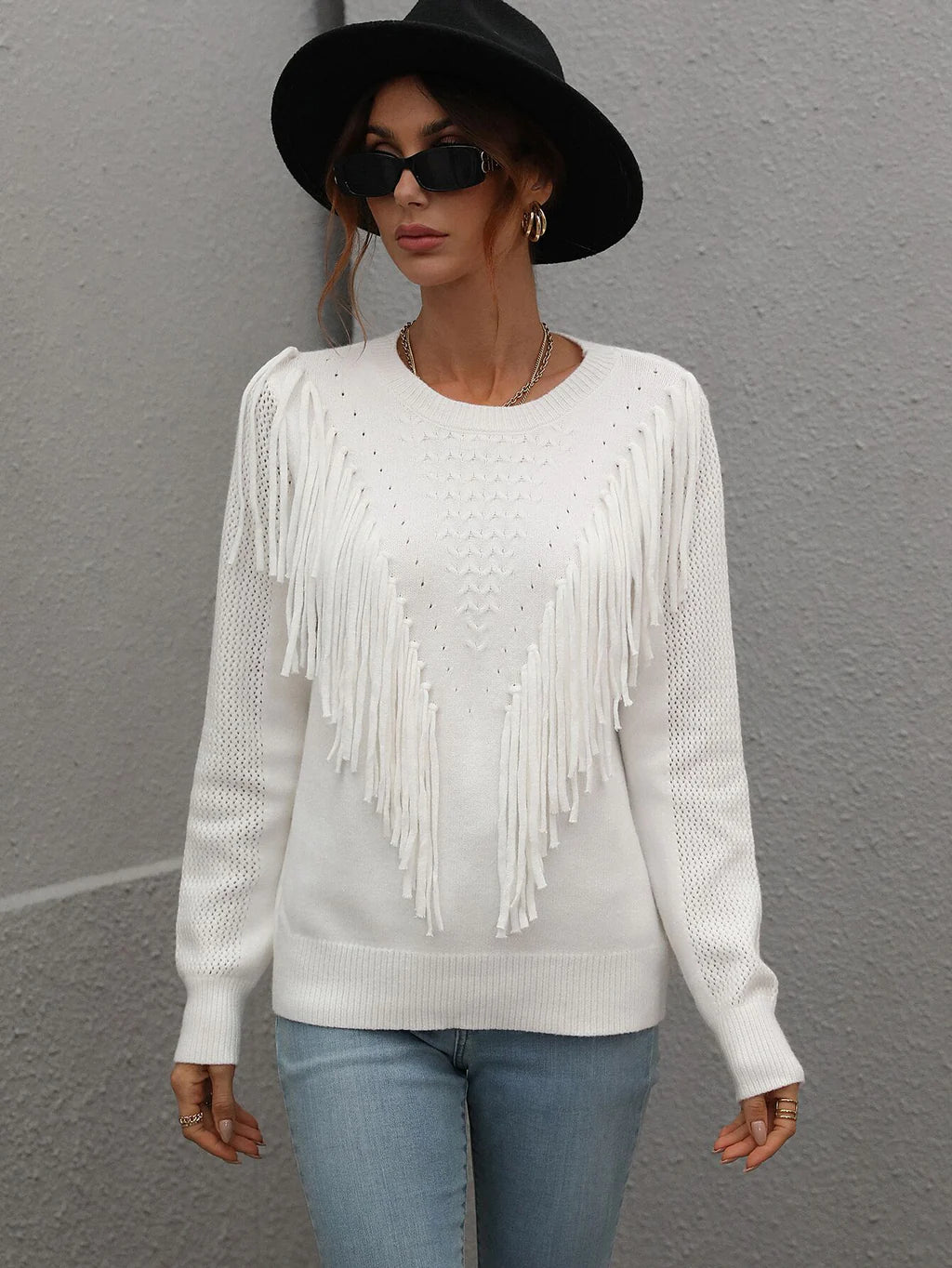 FASHION LOOSE SOLID COLOR FRINGED PULLOVER SWEATER