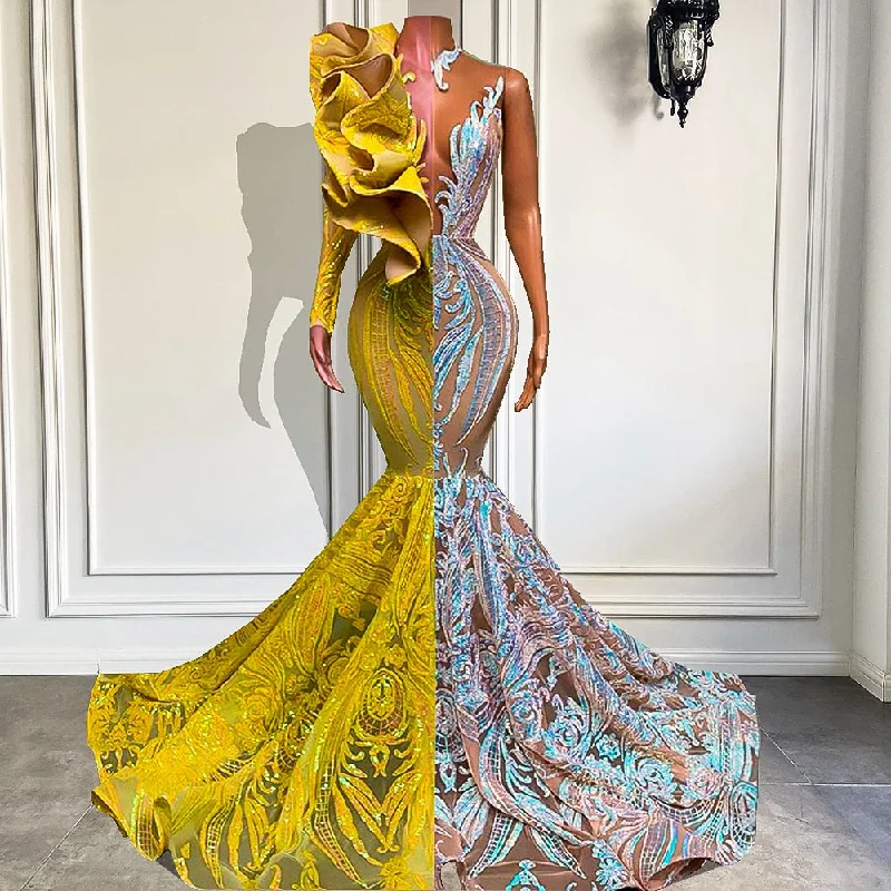 Single Long Sleeve Yellow and Silver Mermaid Gala Prom Gown