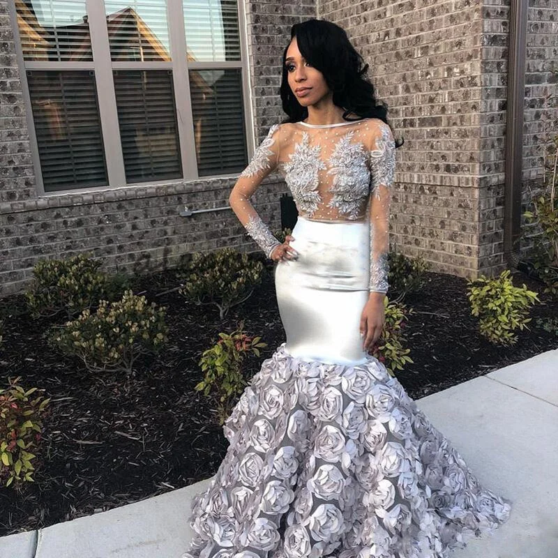 Sexy Mermaid Silver Prom Dress Long Illusion Top Long Sleeves With Floral Train