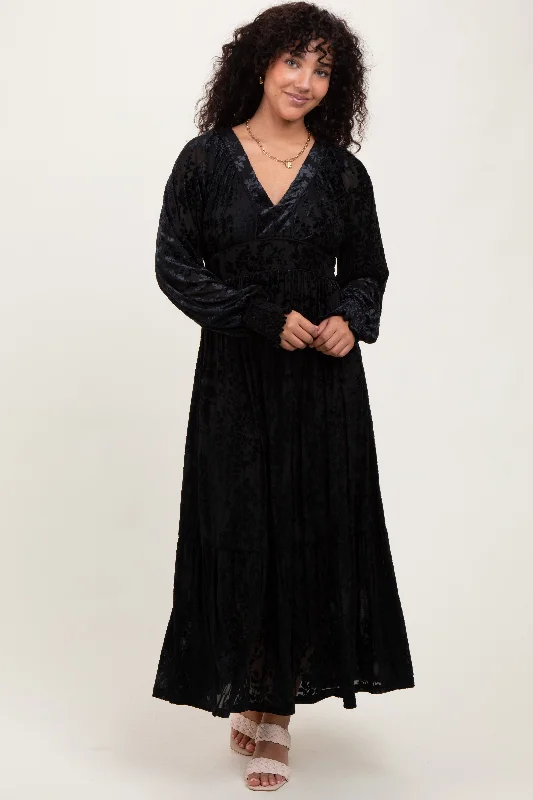 Black Floral Velvet Overlay Maxi Dress