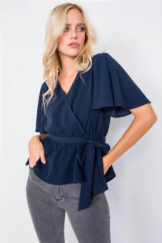 Navy V-Neck Short Flounce Sleeve Chic Blouse  /2-2-2