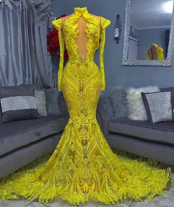 Sequin Yellow Prom Dresses Long Sleeves High Neck Mermaid