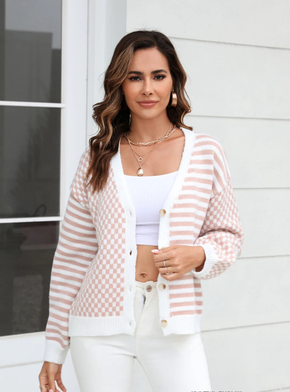 Plaid Stitching Striped Sweater Coat