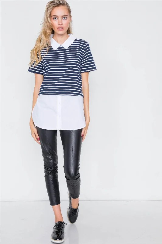 Navy & White Stripe Contrast Button Down Shirt Blouse   /3-2-2