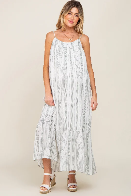 Sage Striped Sleeveless Maternity Maxi Dress