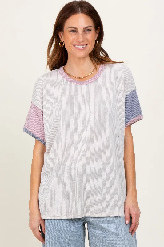 Cream Solid Ribbed Color Block Short Sleeve Tunic Top