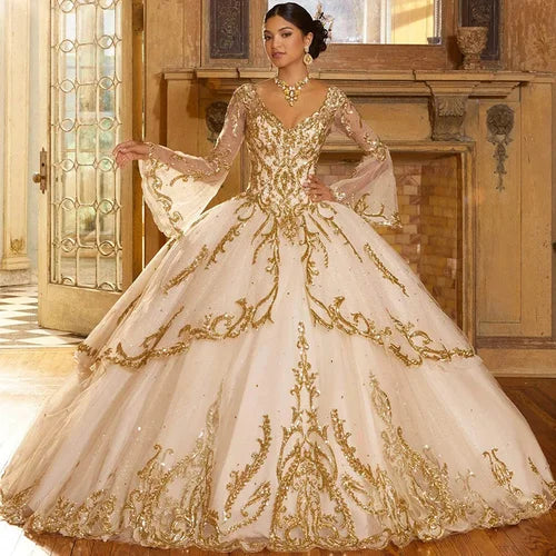 Long Sleeve Gold Quinceanera Dress