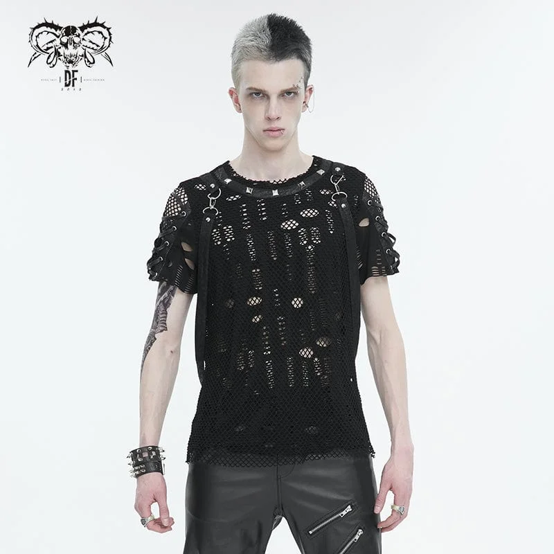 Men's Punk Ripped Strap Mesh T-shirt