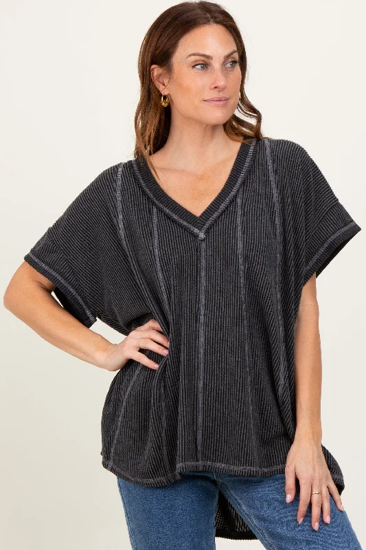 Charcoal Striped Ribbed V-Neck Oversized Short Sleeve Top