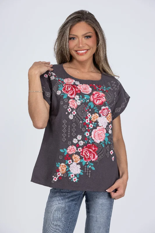 Paint The Roses Women's Embroidered Short Sleeve Top