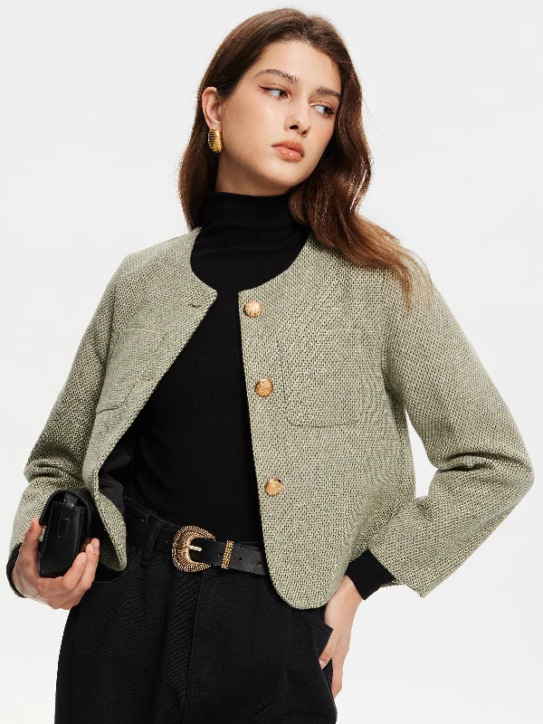 Round Neck Pockets Tweed Jacket