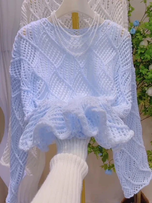 Lace-Knit Pattern Light Blue Sweater