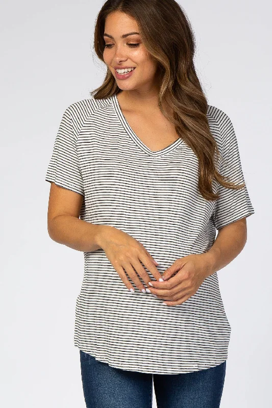 White Striped V-Neck Maternity Short Sleeve Top