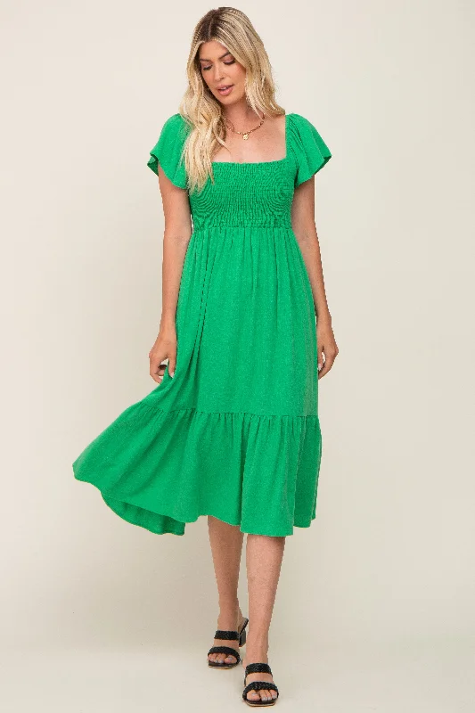 Green Smocked Ruffle Hem Midi Dress