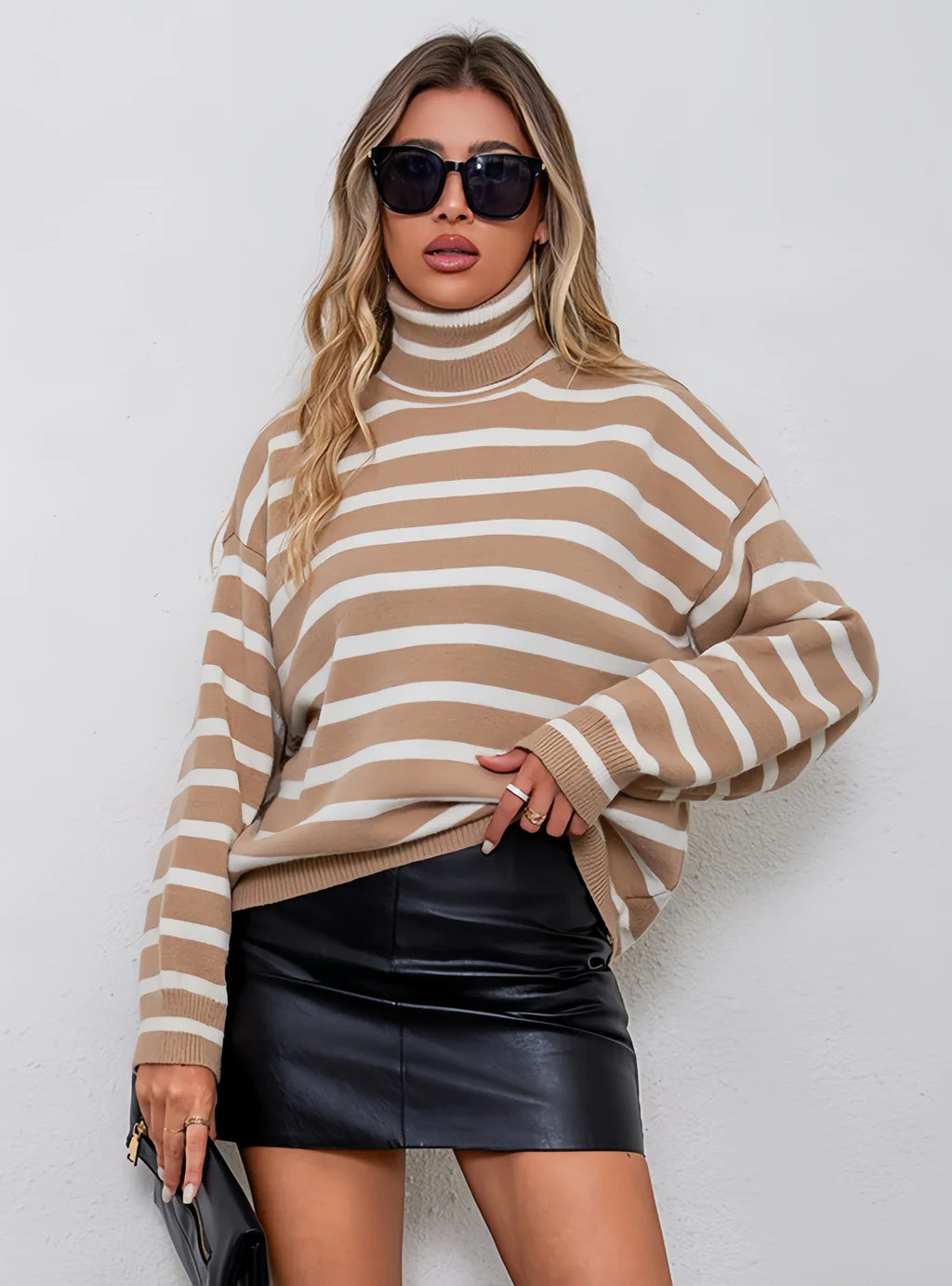 FASHION LOOSE HIGH-NECKED STRIPED LONG-SLEEVED SWEATER