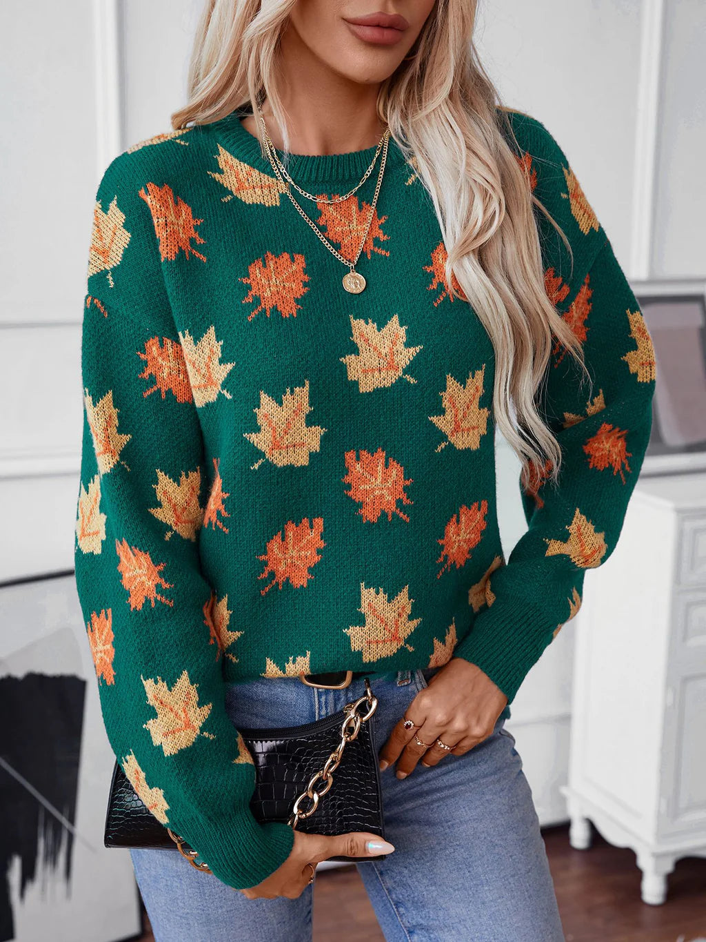 Maple Leaf Pattern Jacquard Leisure Pullover Sweater