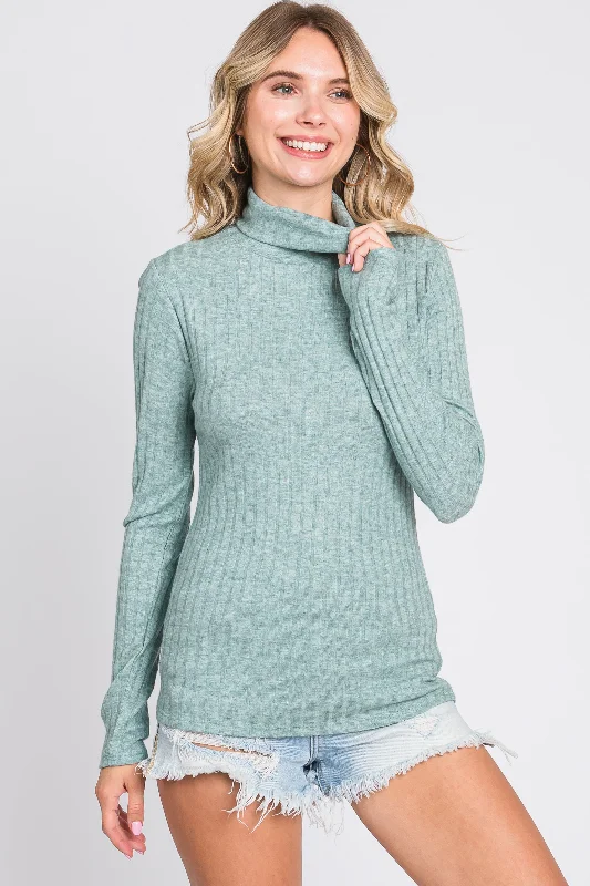 Green Ribbed Long Sleeve Turtle Neck Top