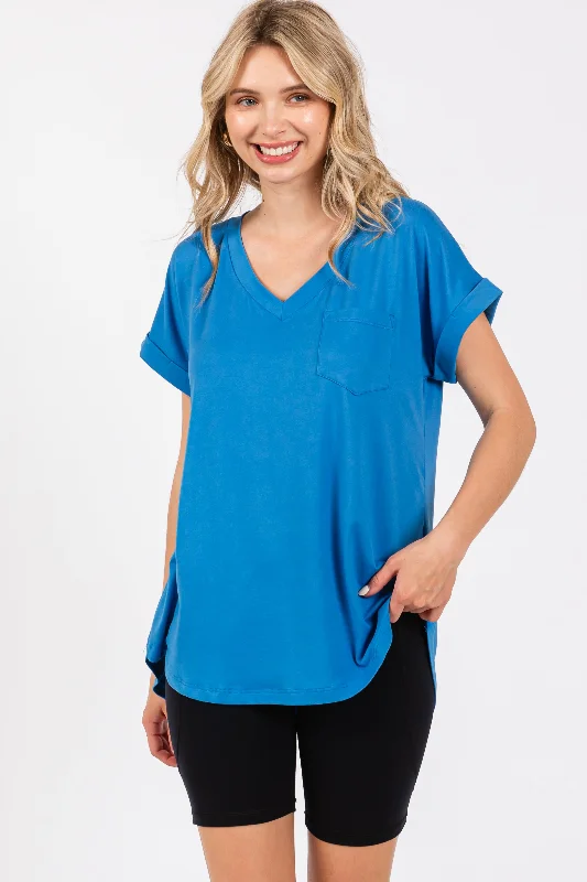 Royal Blue V-Neck Pocket Short Sleeve Shirt