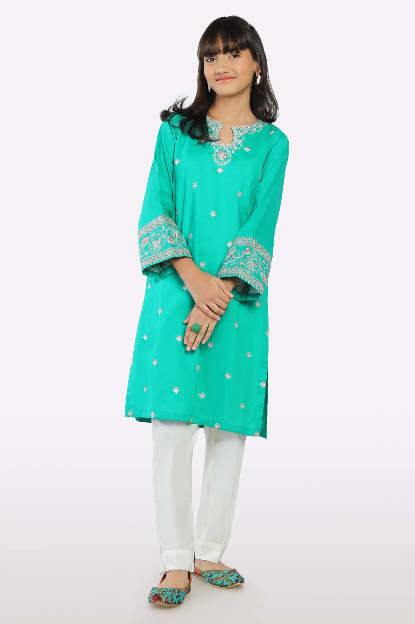 Green Embroidered Teens Kurti