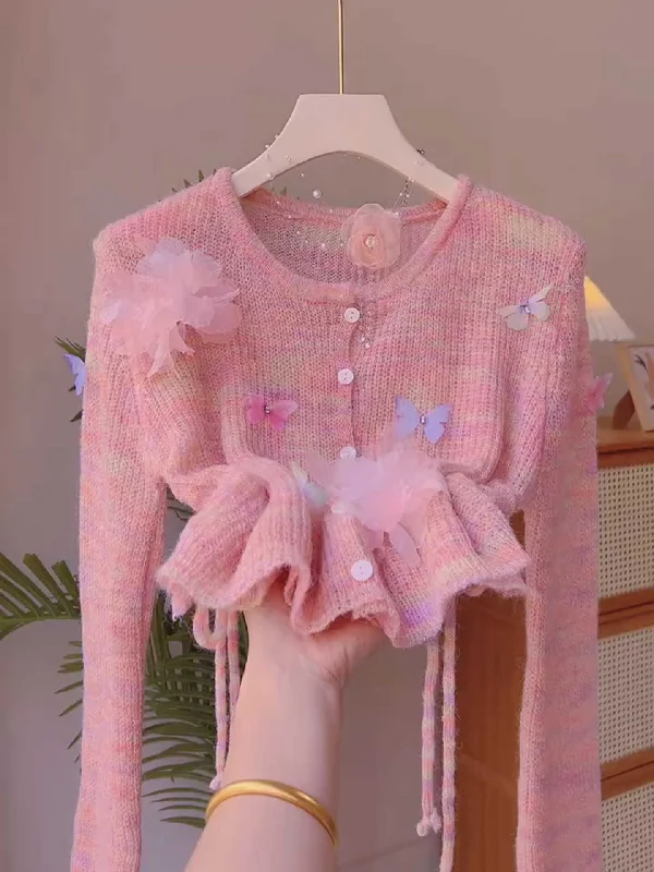 Ruffles Flowers Butterfly Pink Sweater