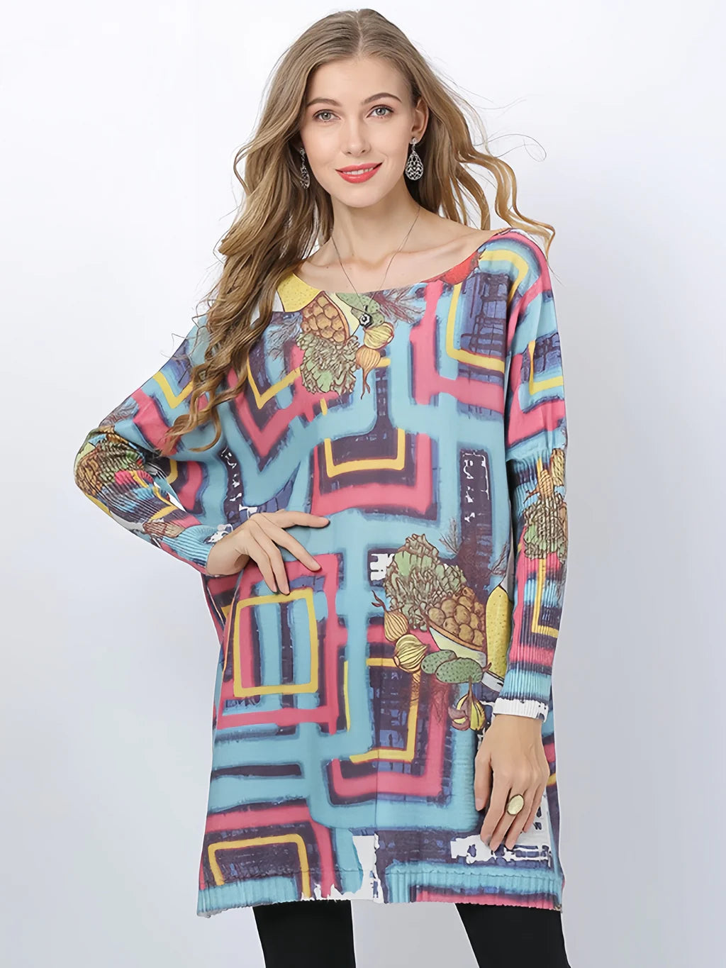 FASHION PRINTED LOOSE-FITTING BAT SLEEVE SWEATER